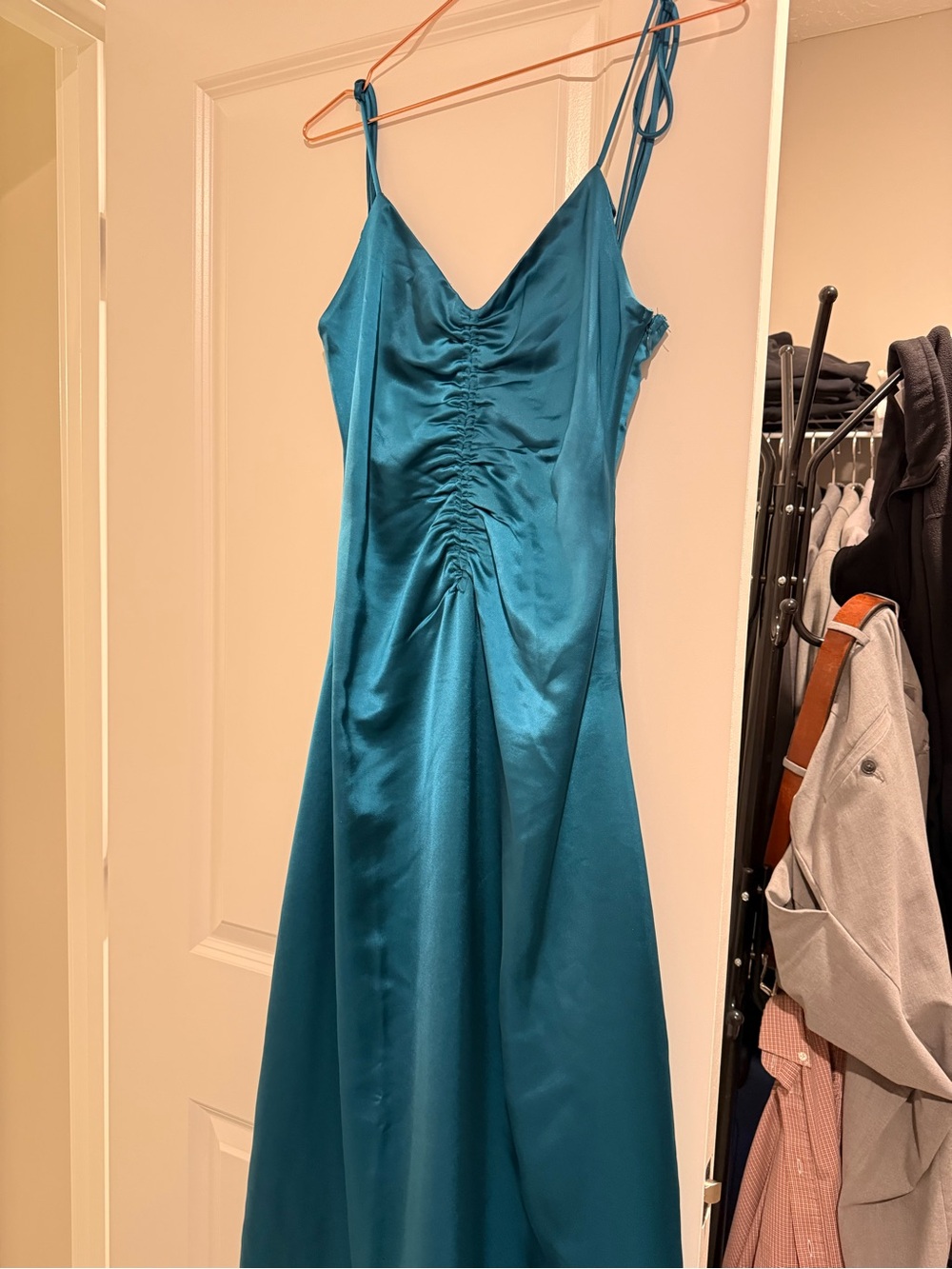 Jason Wu Teal Satin Ruched Slip Maxi Dress